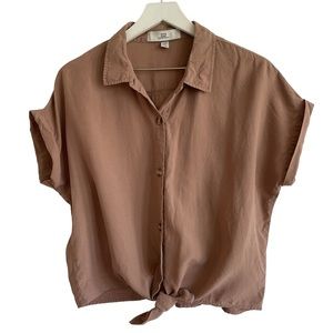 Thread + Supply Tie Front Button Down Lyocell Top, Brown, Size L